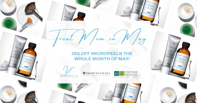 1 SkinCeuticals products background with text that states May special - 25% off micropeels the whole month of May