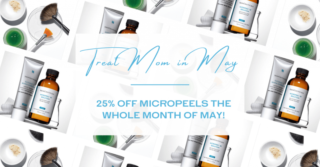 SkinCeuticals products background with text that states May special - 25% off micropeels the whole month of May