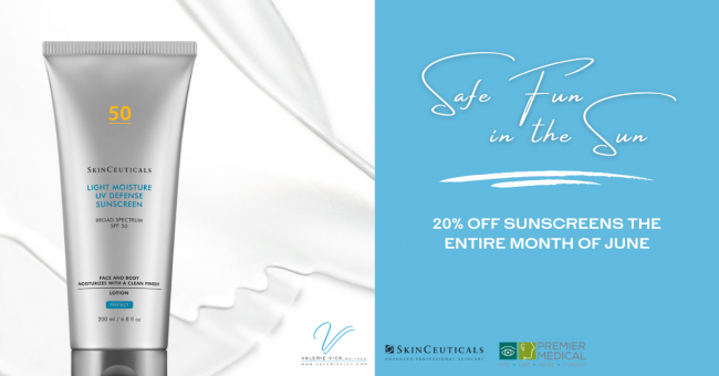 1 Image of SkinCeuticals sunscreen container with text beside it that says "Safe Fun in the Sun, 20% off suncreens the entire month of June." The following logos appear at the bottom: Valerie Vick, MD, SkinCeuticals, and Premier Medical Group