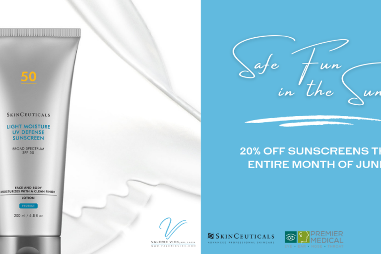 Image of SkinCeuticals sunscreen container with text beside it that says "Safe Fun in the Sun, 20% off suncreens the entire month of June." The following logos appear at the bottom: Valerie Vick, MD, SkinCeuticals, and Premier Medical Group