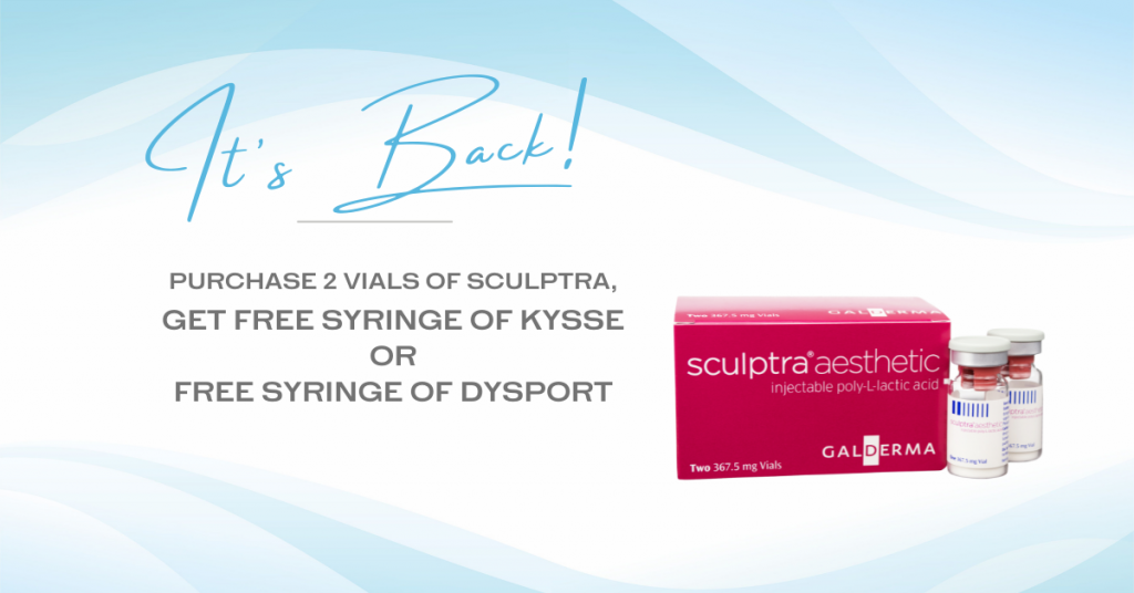 A blue wavy background is shown with a vial and box of the filler "Sculptra Aesthetic." The words appear to the left saying "It's Back! Purchase 2 vials of Sculptra, get free syringe of Kysse or free syringe of Dysport."