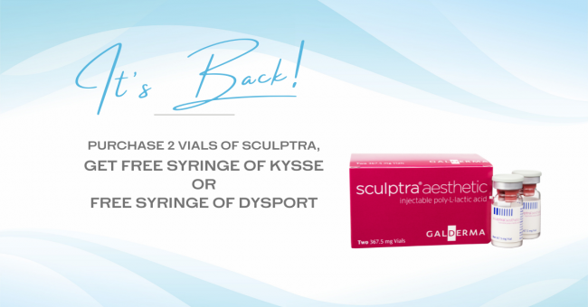 Vick-Specials-August-2021-Sculptra A blue wavy background is shown with a vial and box of the filler "Sculptra Aesthetic." The words appear to the left saying "It's Back! Purchase 2 vials of Sculptra, get free syringe of Kysse or free syringe of Dysport."