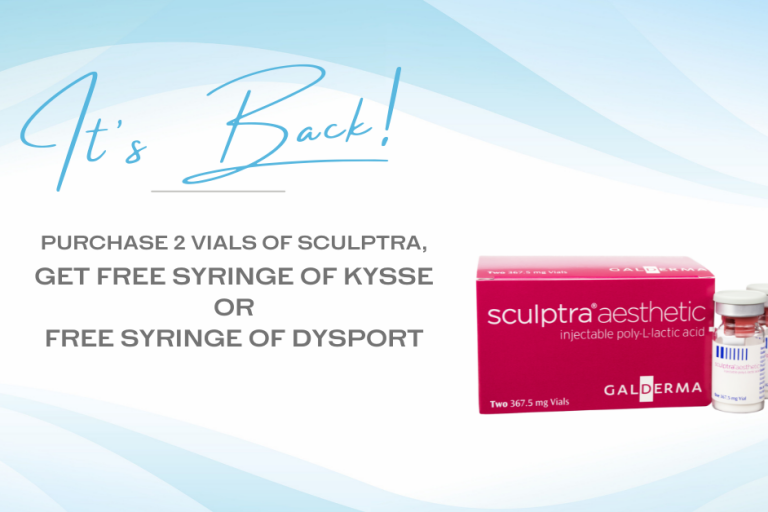 A blue wavy background is shown with a vial and box of the filler "Sculptra Aesthetic." The words appear to the left saying "It's Back! Purchase 2 vials of Sculptra, get free syringe of Kysse or free syringe of Dysport."